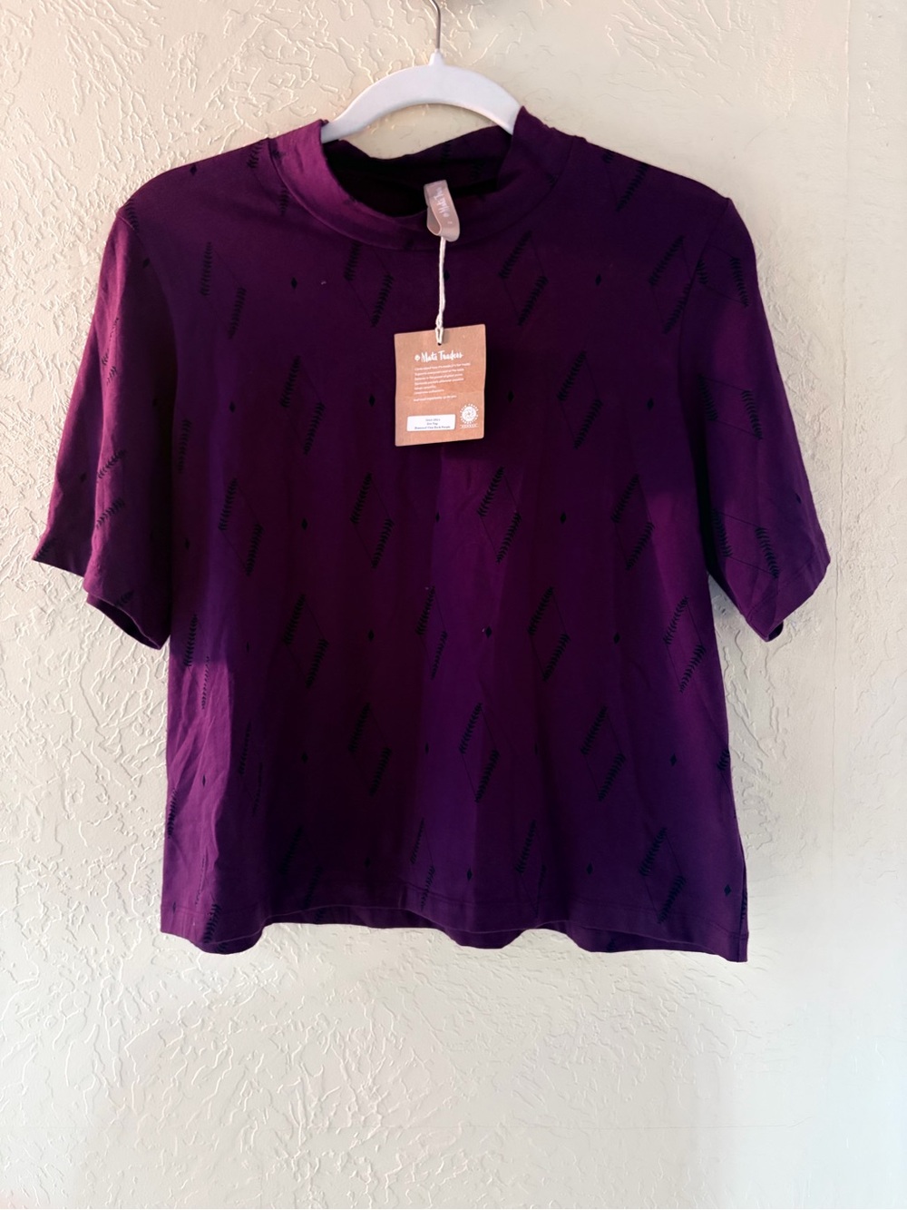 Mata Traders Short Sleeve Mock Neck Top - Purple with dark design